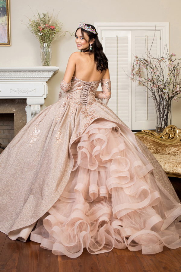 Sweethearted Ruffle Tail Quinceanera Dress w/ Detached Mesh Sleeve - Mask Not Included