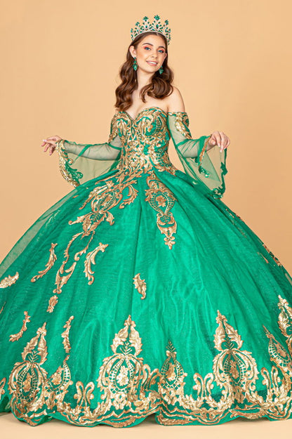 Sequin Embellished Glitter Mesh Quinceanera Dress w/ Detached Mesh Sleeve