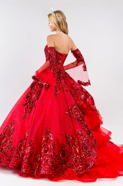 Sequin Embellished Glitter Mesh Quinceanera Dress w/ Detached Mesh Sleeve