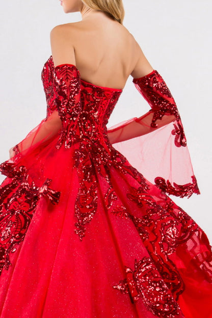 Sequin Embellished Glitter Mesh Quinceanera Dress w/ Detached Mesh Sleeve