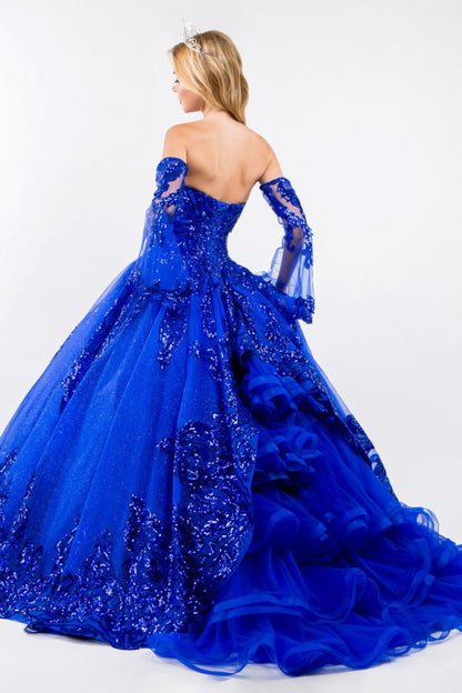 Sequin Embellished Glitter Mesh Quinceanera Dress w/ Detached Mesh Sleeve