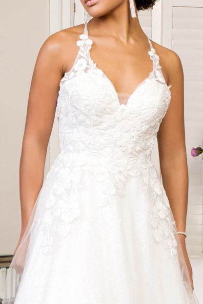 V-Neck Floral Embroidery Sequin Mesh Wedding Gown w/ Lace Up Back