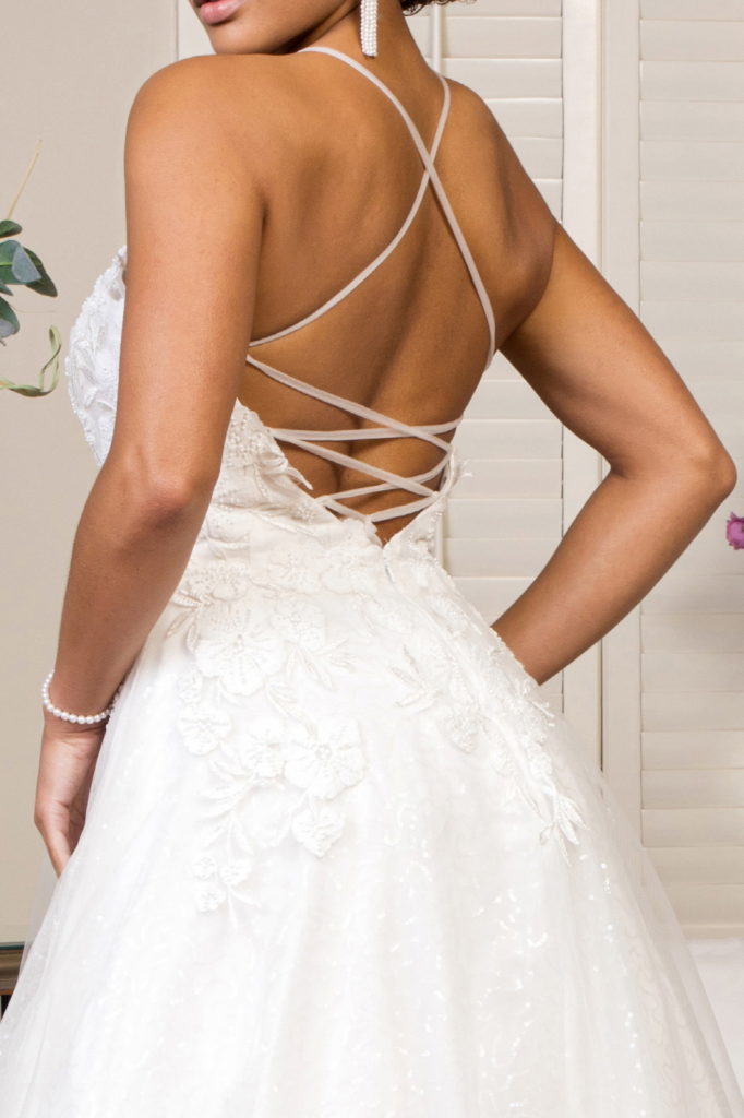 V-Neck Floral Embroidery Sequin Mesh Wedding Gown w/ Lace Up Back