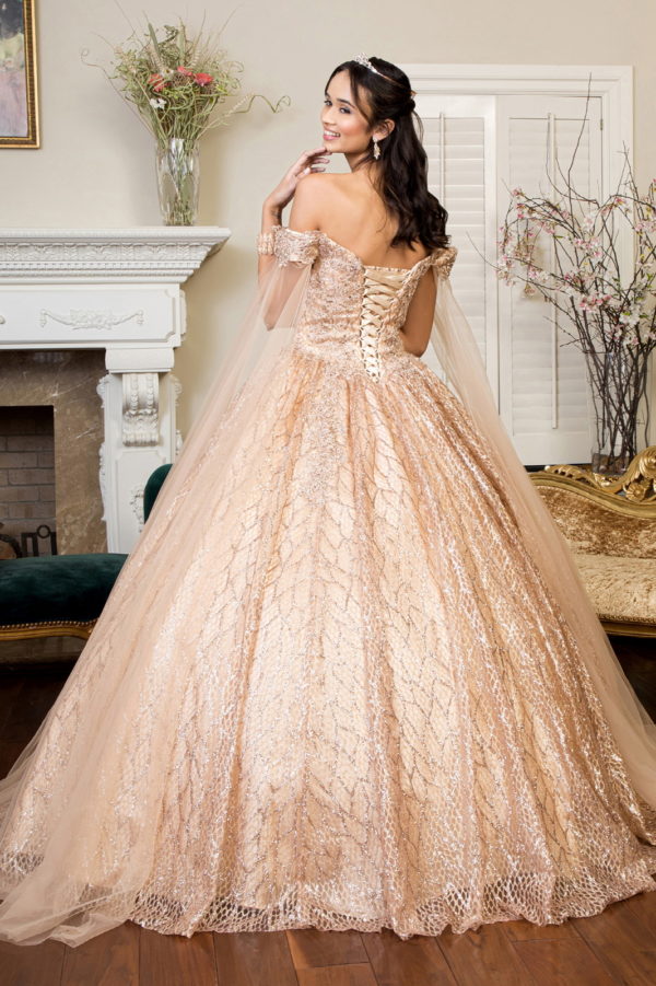 Cut-Away Shoulder Sweethearted Glitter Mesh Quinceanera Dress