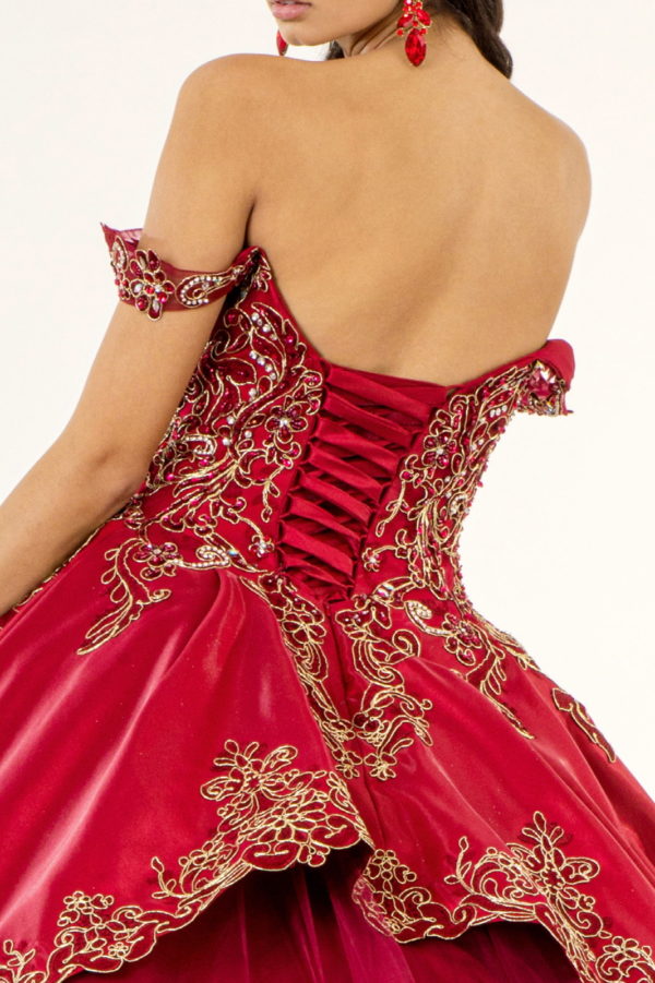 Embroidered Mesh Strap Satin Quinceanera Dress w/ Mesh Tail - Mask Not Included