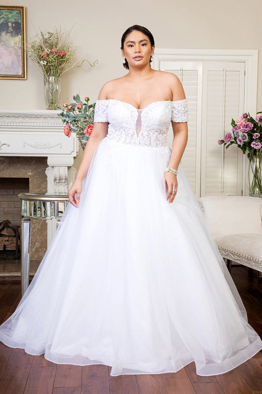 Embroidered Bodice Cut-Away Shoulder Glitter Mesh Wedding Gown w/ Sequin Mesh Lining