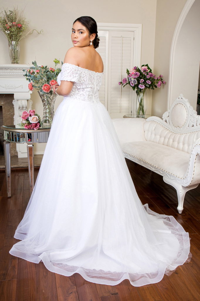 Embroidered Bodice Cut-Away Shoulder Glitter Mesh Wedding Gown w/ Sequin Mesh Lining