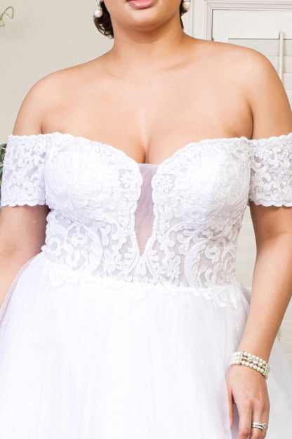 Embroidered Bodice Cut-Away Shoulder Glitter Mesh Wedding Gown w/ Sequin Mesh Lining