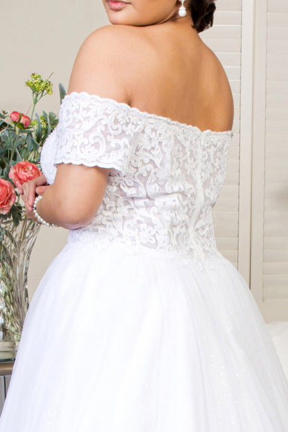 Embroidered Bodice Cut-Away Shoulder Glitter Mesh Wedding Gown w/ Sequin Mesh Lining