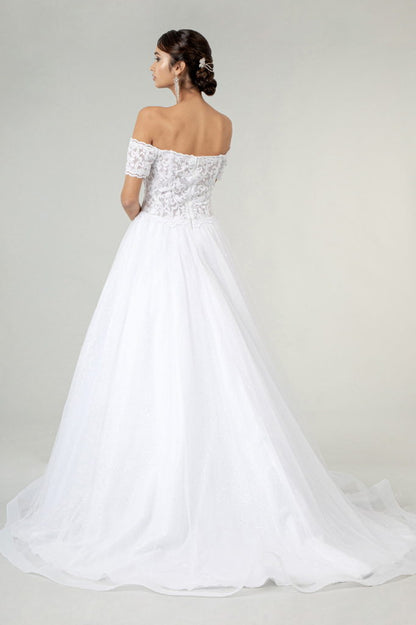 Embroidered Bodice Cut-Away Shoulder Glitter Mesh Wedding Gown w/ Sequin Mesh Lining