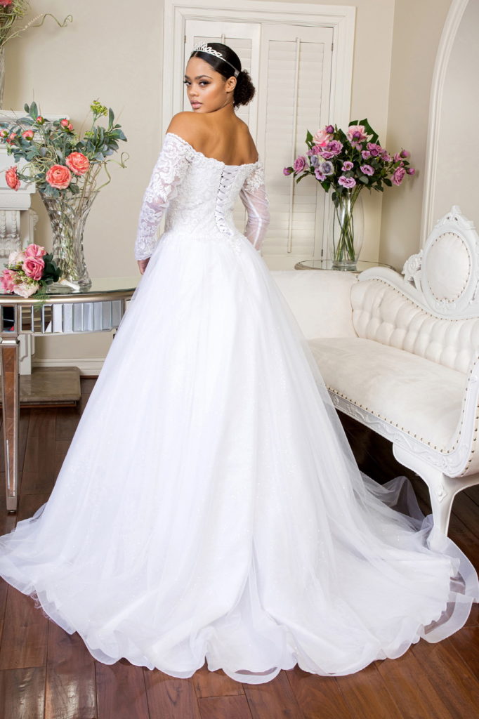 Cut-Away Shoulder Sheer Sleeve Embroidered Sweetheart Mesh Wedding Gown