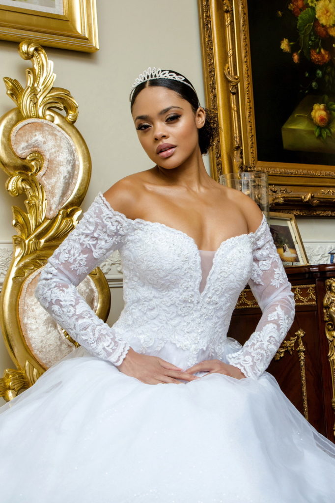 Cut-Away Shoulder Sheer Sleeve Embroidered Sweetheart Mesh Wedding Gown