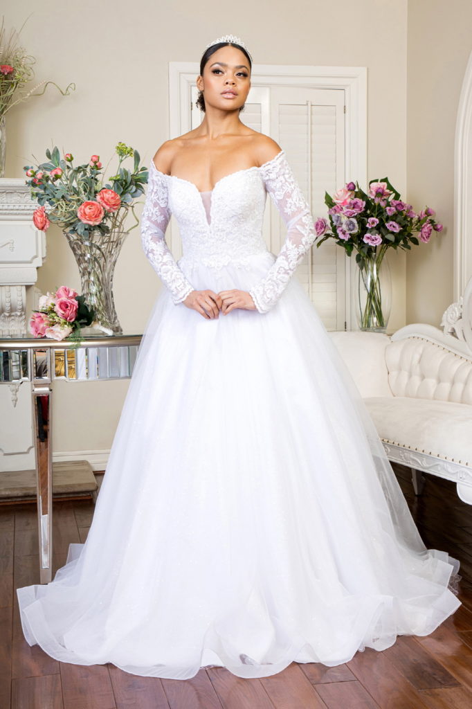 Cut-Away Shoulder Sheer Sleeve Embroidered Sweetheart Mesh Wedding Gown