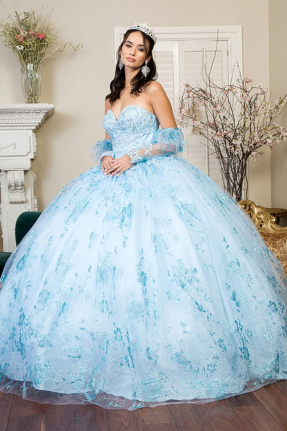 Embroidered Glitter Mesh Quinceanera Dress w/ Detached Long Sleeve