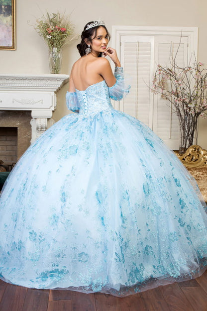 Embroidered Glitter Mesh Quinceanera Dress w/ Detached Long Sleeve