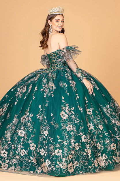 Embroidered Glitter Mesh Quinceanera Dress w/ Detached Long Sleeve