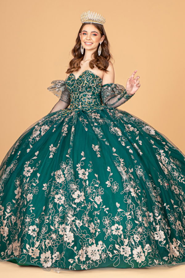 Embroidered Glitter Mesh Quinceanera Dress w/ Detached Long Sleeve