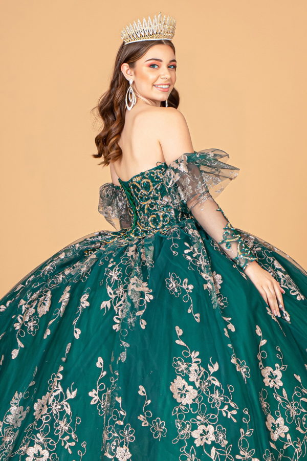 Embroidered Glitter Mesh Quinceanera Dress w/ Detached Long Sleeve