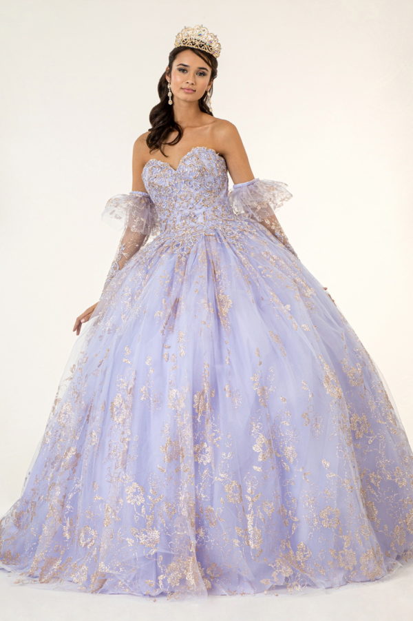 Embroidered Glitter Mesh Quinceanera Dress w/ Detached Long Sleeve