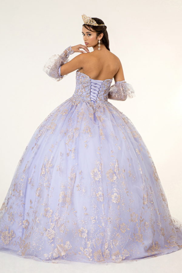 Embroidered Glitter Mesh Quinceanera Dress w/ Detached Long Sleeve