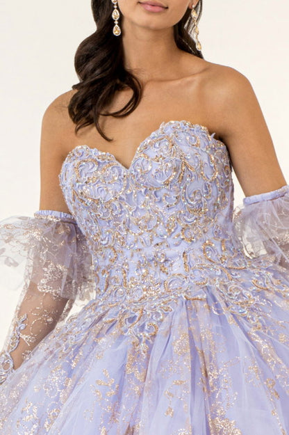 Embroidered Glitter Mesh Quinceanera Dress w/ Detached Long Sleeve