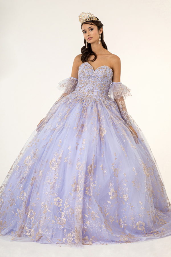 Embroidered Glitter Mesh Quinceanera Dress w/ Detached Long Sleeve