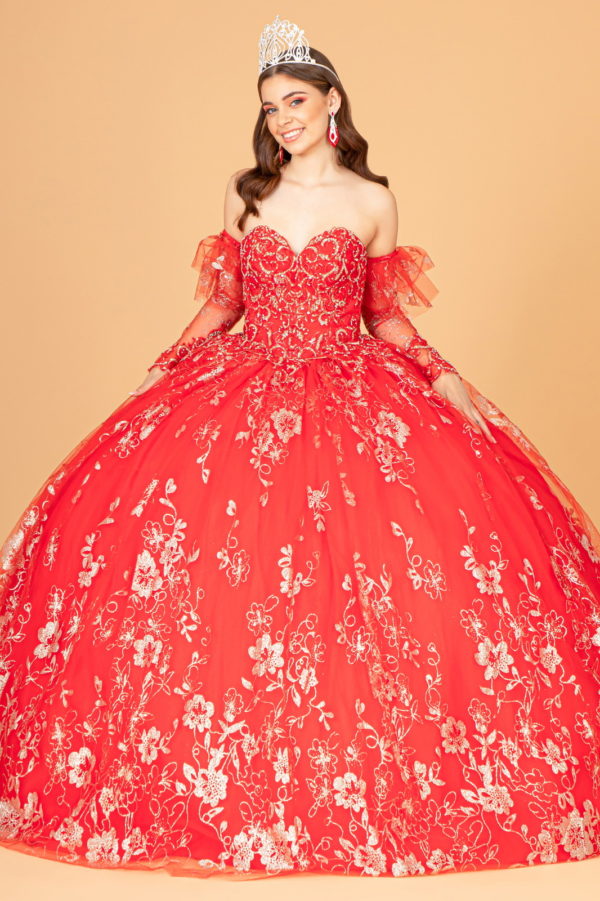 Embroidered Glitter Mesh Quinceanera Dress w/ Detached Long Sleeve