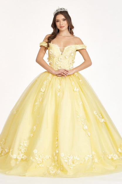 Embroidery Embellished Glitter-Mesh Cut-Away Shoulder Quinceanera Dress