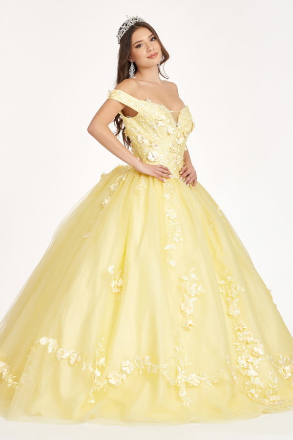 Embroidery Embellished Glitter-Mesh Cut-Away Shoulder Quinceanera Dress