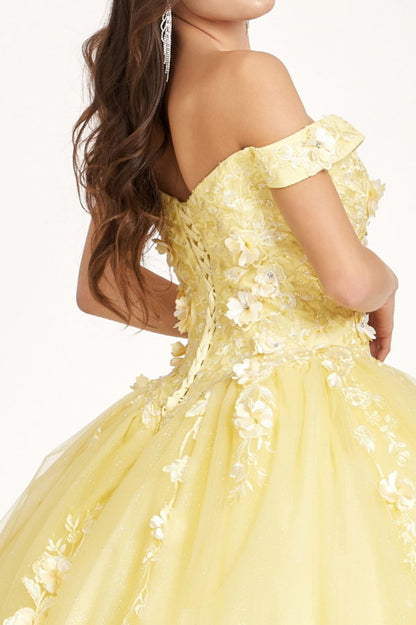 Embroidery Embellished Glitter-Mesh Cut-Away Shoulder Quinceanera Dress