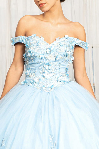 Cut-Away Shoulder 3D Floral Applique Embellished Quinceanera Dress