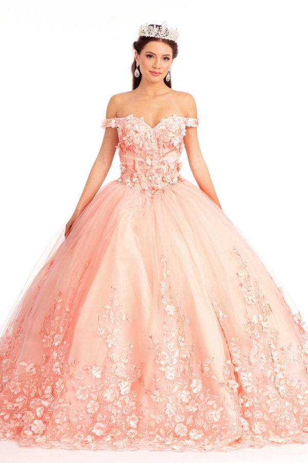 Cut-Away Shoulder 3D Floral Applique Embellished Quinceanera Dress