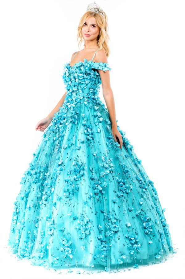 Floral 3D Applique Sweetheart Neckline Glitter Mesh Quinceanera Dress