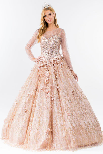 Glitter and Sequin Embellished Bodice Mesh Long Sleeve Quinceanera Dress