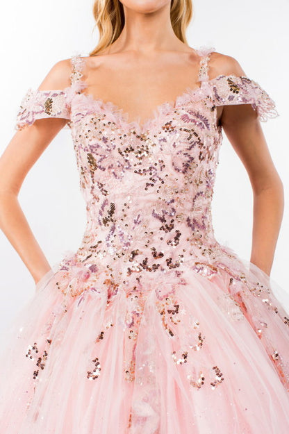 Embroidery Embellished Glitter Mesh Quinceanera Dress