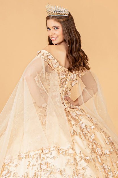 Cut-Away Shoulder Sweetheart Glitter Mesh Quinceanera Dress