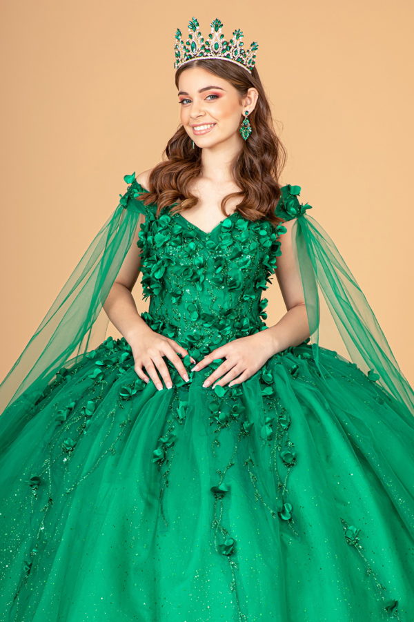 3D Floral Applique Glitter Mesh Quinceanera Dress w/ Detachable Cape Sleeve