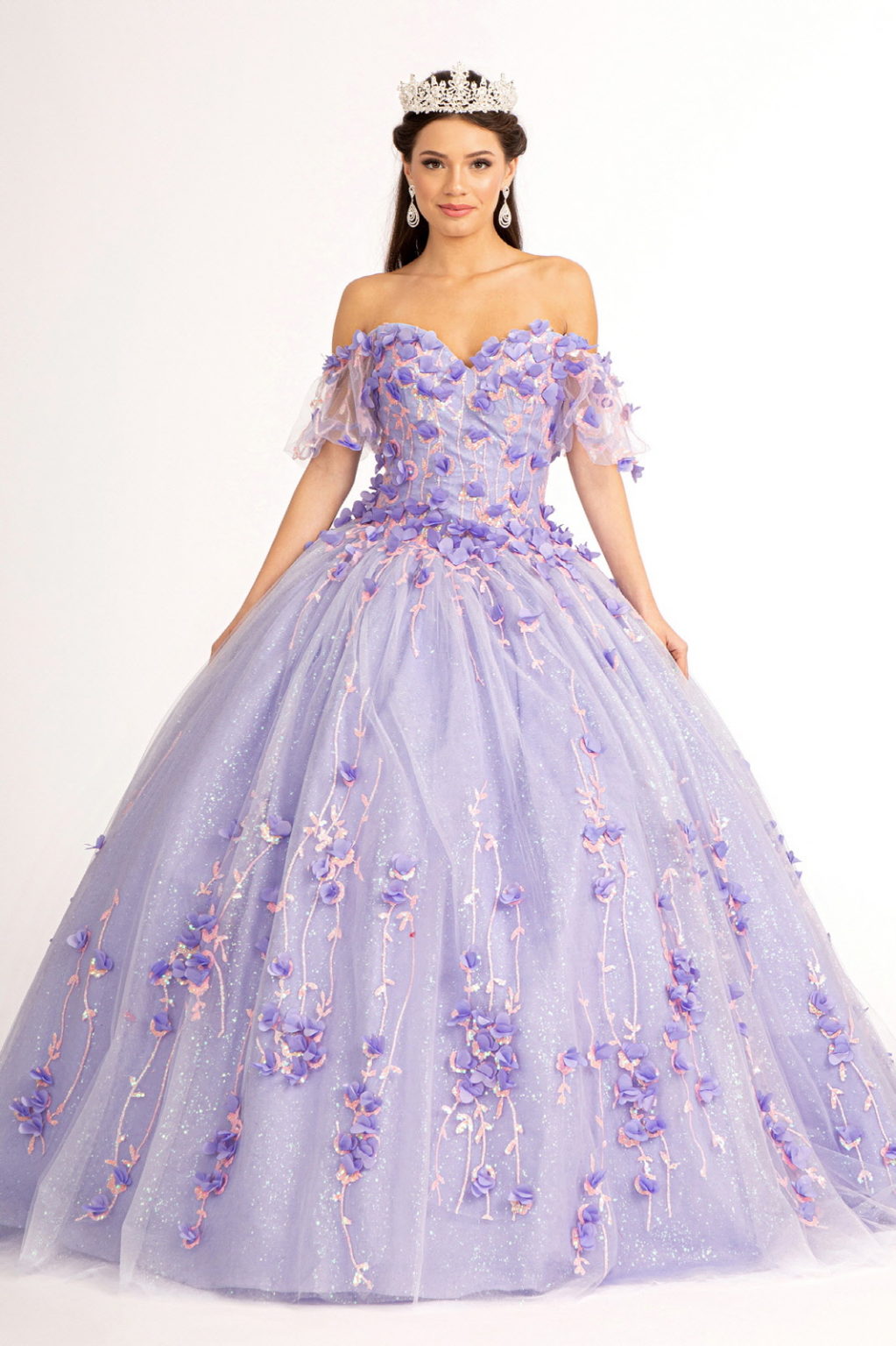 Glitter Mesh 3D Floral Applique Embellished Sweetheart Quinceanera Dress