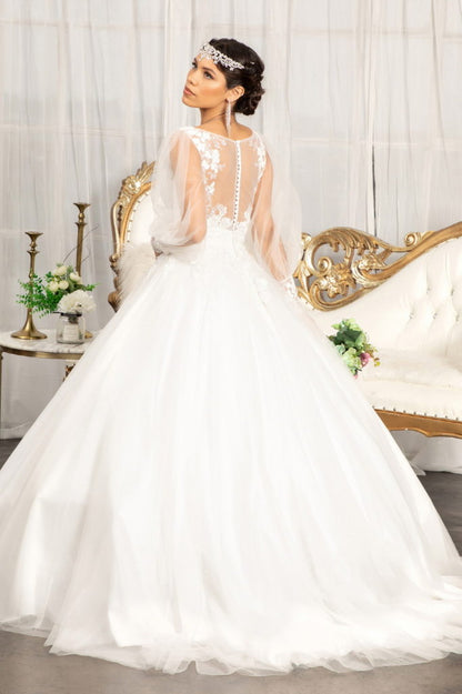 Beads Embellished Long Sleeves Wedding Gown w/ Sheer Back Button Closure