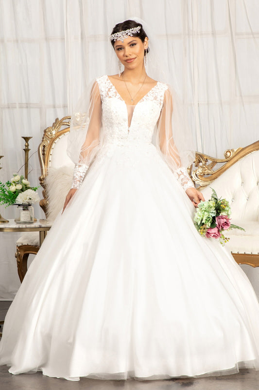 Beads Embellished Long Sleeves Wedding Gown w/ Sheer Back Button Closure