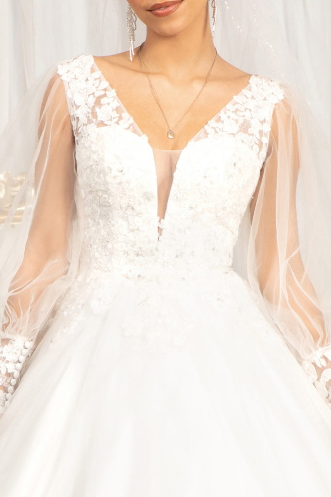 Beads Embellished Long Sleeves Wedding Gown w/ Sheer Back Button Closure