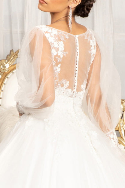 Beads Embellished Long Sleeves Wedding Gown w/ Sheer Back Button Closure