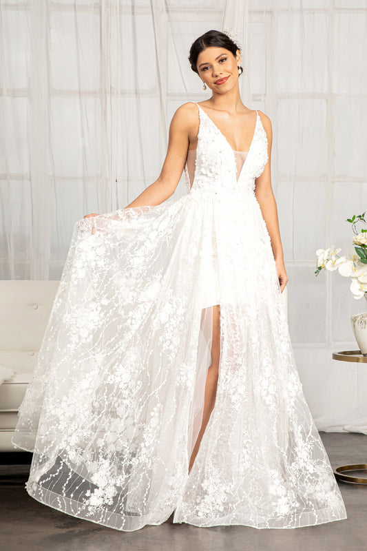 Floral 3D Applique Embellished Mesh V-Neck Wedding Dress