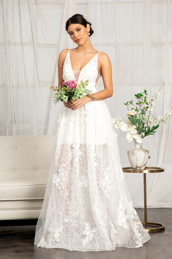 Floral 3D Applique Embellished Mesh V-Neck Wedding Dress