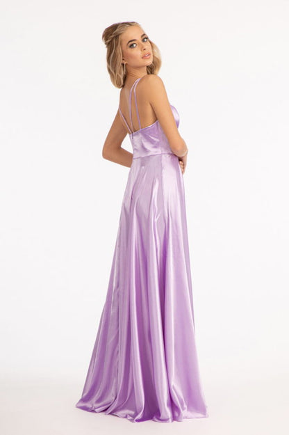 V-Neck Spaghetti Strap A-Line Satin Long Dress