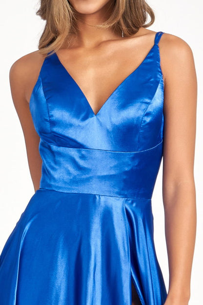 V-Neck Spaghetti Strap A-Line Satin Long Dress