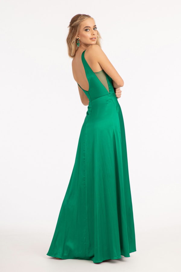 Satin V-Neck Sheer Side A-Line Long Dress