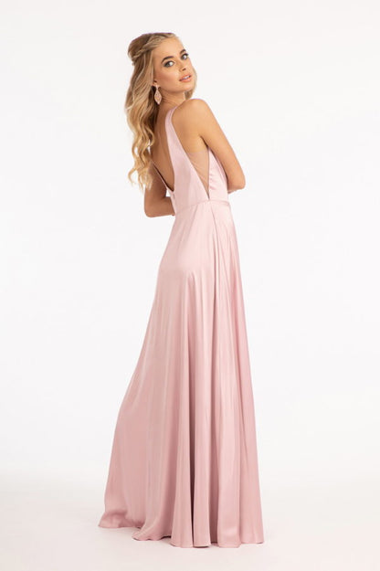 Satin V-Neck Sheer Side A-Line Long Dress