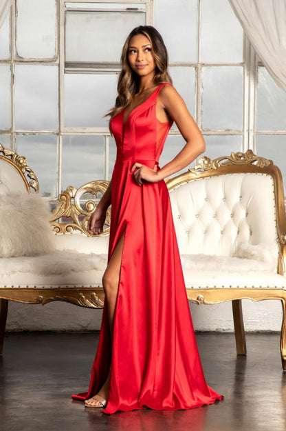 Satin V-Neck Sheer Side A-Line Long Dress