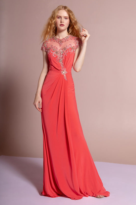 Short Sleeve Illusion Neckline Jersey Long Dress Detailed with Lace